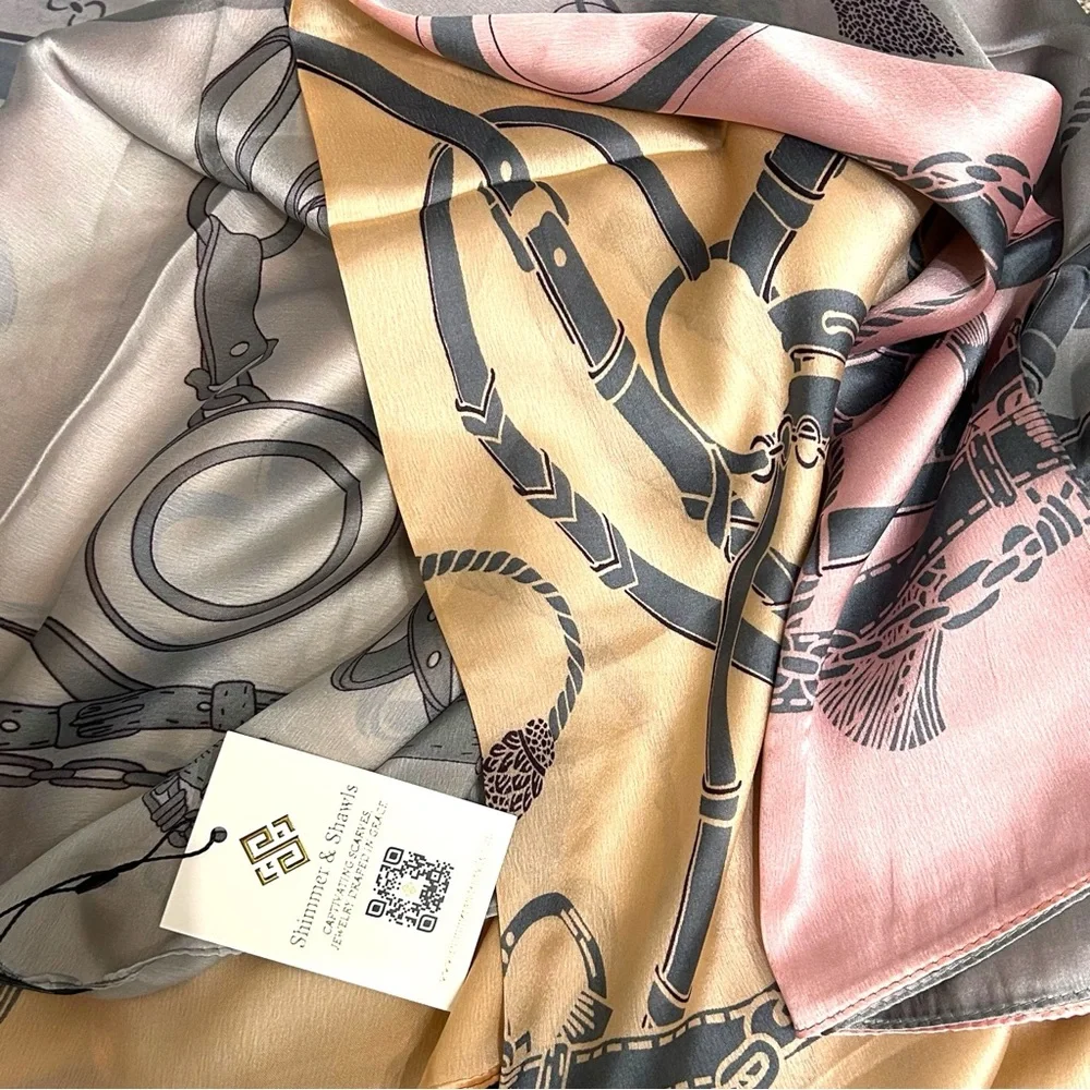 Silky Chain Print Colorblock Scarf - Gray, Peach & Pink